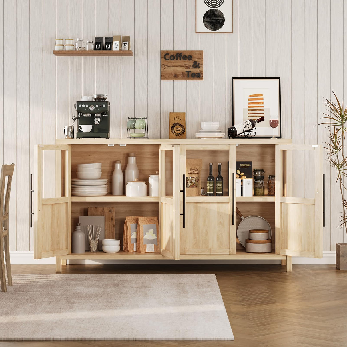 GarveeHome Sideboard Buffet Cabinet with 4 Glass Doors, 55" Buffet Table Coffee Bar Wine Bar Display Cabinet for Kitchen Dining Room, Living Room (Natrual, Glass with 4 Doors) GarveeHome