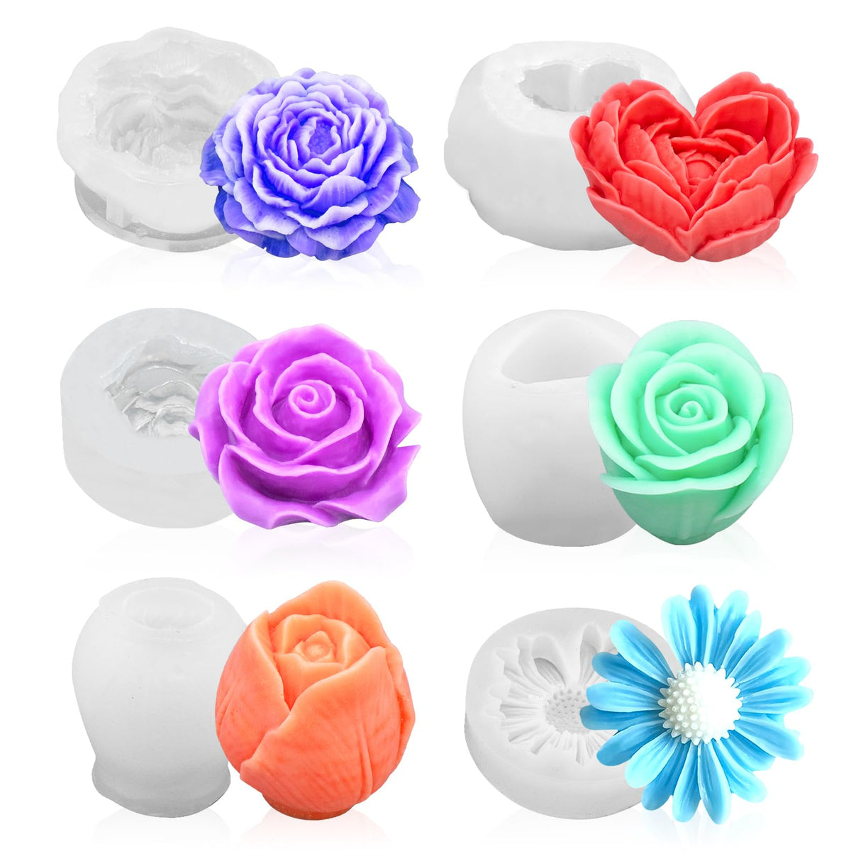 MUXIUNT 6Pcs Rose Flower Candle Resin Mold Silicone Flower Rose Mold for Candle Making Large 3D Heart Rose Tulip Daisy Peony Valentine Mother Day Silicone Candle Mold for Soy Wax Beeswax Resin Craft MUXIUNT