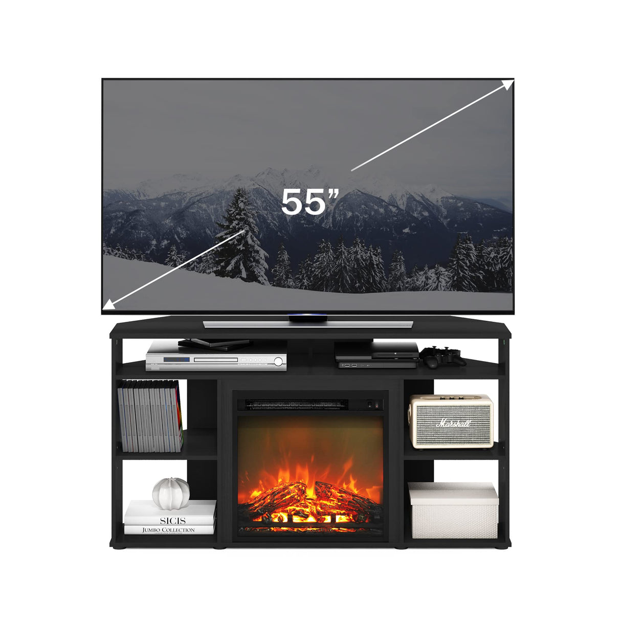 Furinno Jensen Corner TV Stand with Fireplace for TV up to 55 Inches, Americano Furinno
