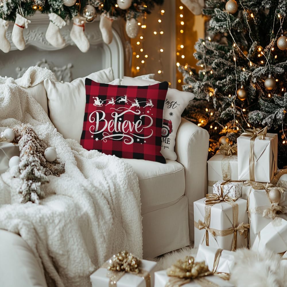 GEEORY Merry Christmas Throw Pillow Covers 18x18 Inch Set of 4, Xmas Trees Truck Buffalo Plaid Believe Farmhouse Decorative Cushion Cases for Home Decoration G421-18 GEEORY