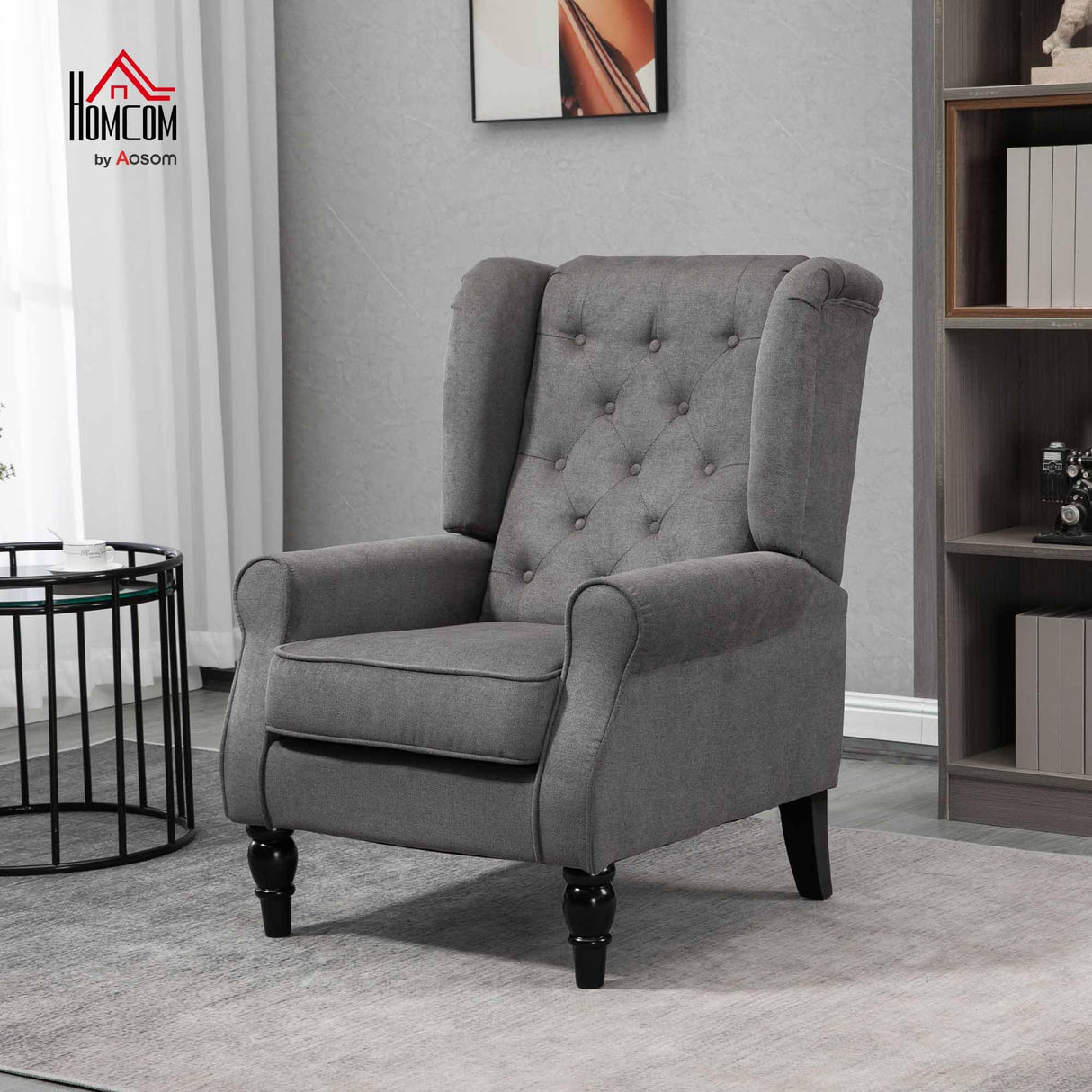 HOMCOM Mid-Century Modern Accent Chair, High Wingback Chair, Button-Tufted Upholstered Fabric Armchair with Retro Wood Legs for Living Room, Bedroom, Dark Gray HOMCOM
