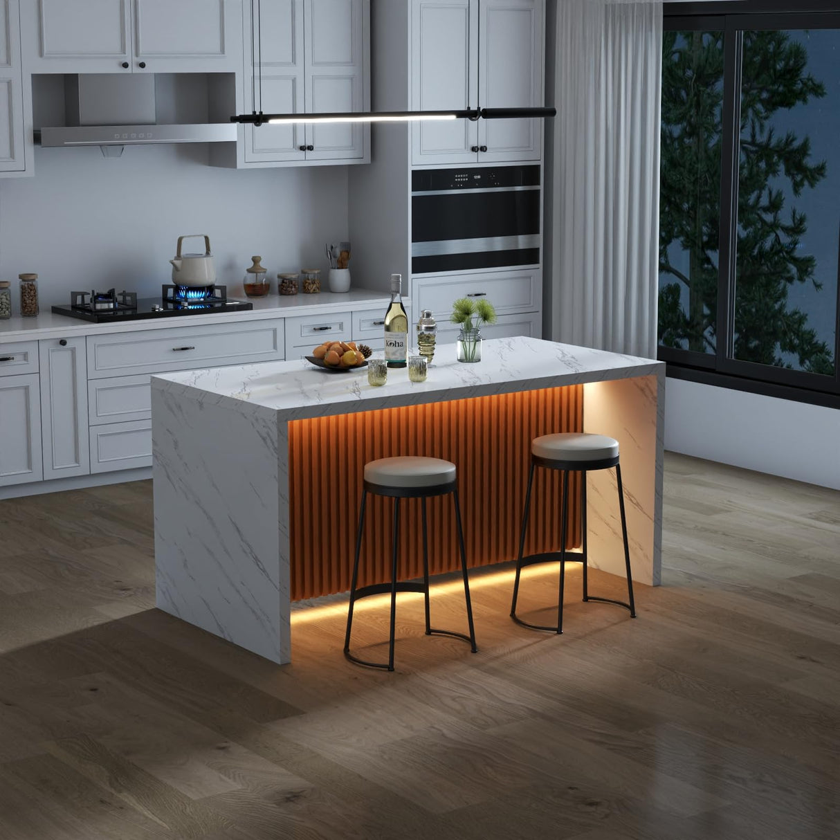 63" Large Imitation Marble Dining Table for 4-6 People, Island Table with LED Lights, Mordern Marble Stripes Kitchen Dining Table with Grille design for Dining Room, Home, Office, Living Room๏ผWhite๏ผ Gyfimoie