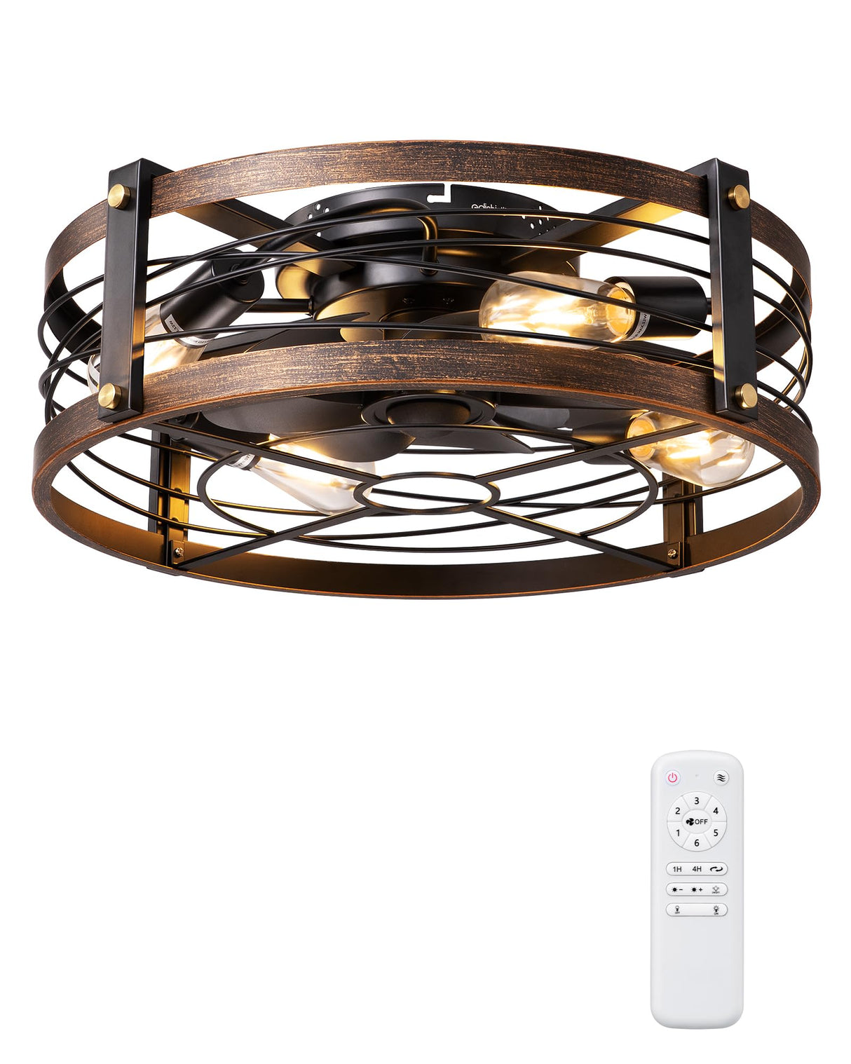 EDISHINE 21" Pre-Assembled Ceiling Fans with Lights Flush Mount, 10%-100% Dimmable, Rustic Low Profile Caged Ceiling Fan with Remote, Small Farmhouse Fan Light Ceiling for Kitchen Bedroom Brushed Gold EDISHINE