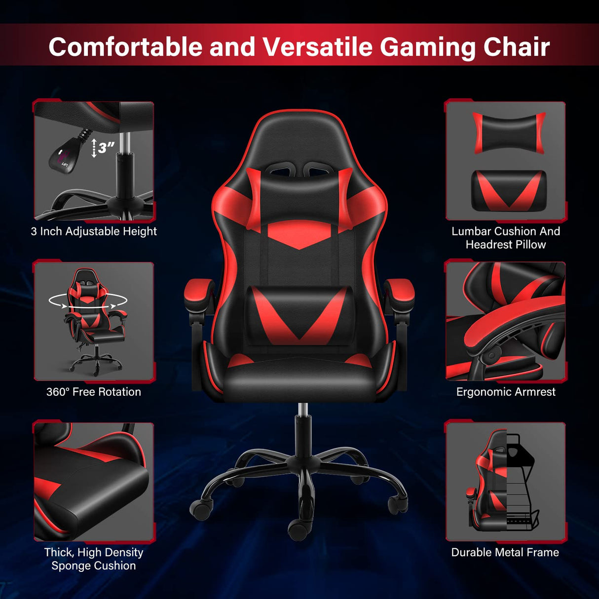 Gaming Chair,Office Computer Video Game Chair,Backrest and Seat Height Adjustable,Ergonomic Swivel Recliner Simple Deluxe