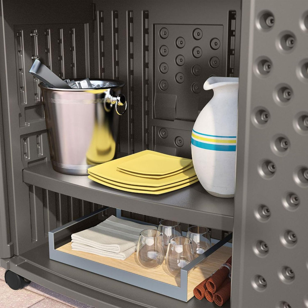 Suncast Patio Plastic Storage and Prep Station with Decorative Wicker Pattern and Multi Wall Panels for Patio, Garden, and Lawn Use, Stoney Gray Suncast