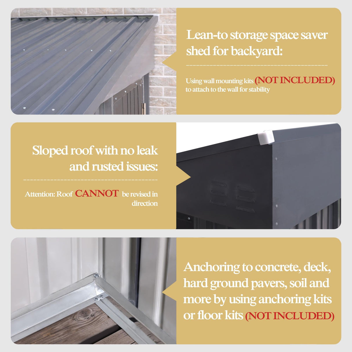 MUPATER 4x8 FT Outdoor Storage Shed with Lockable Door, Metal Lean to Shed Garden Tool Storage Shed House, Storage Shed Kit for Patio, Backyard, Lawn, Grey MUPATER