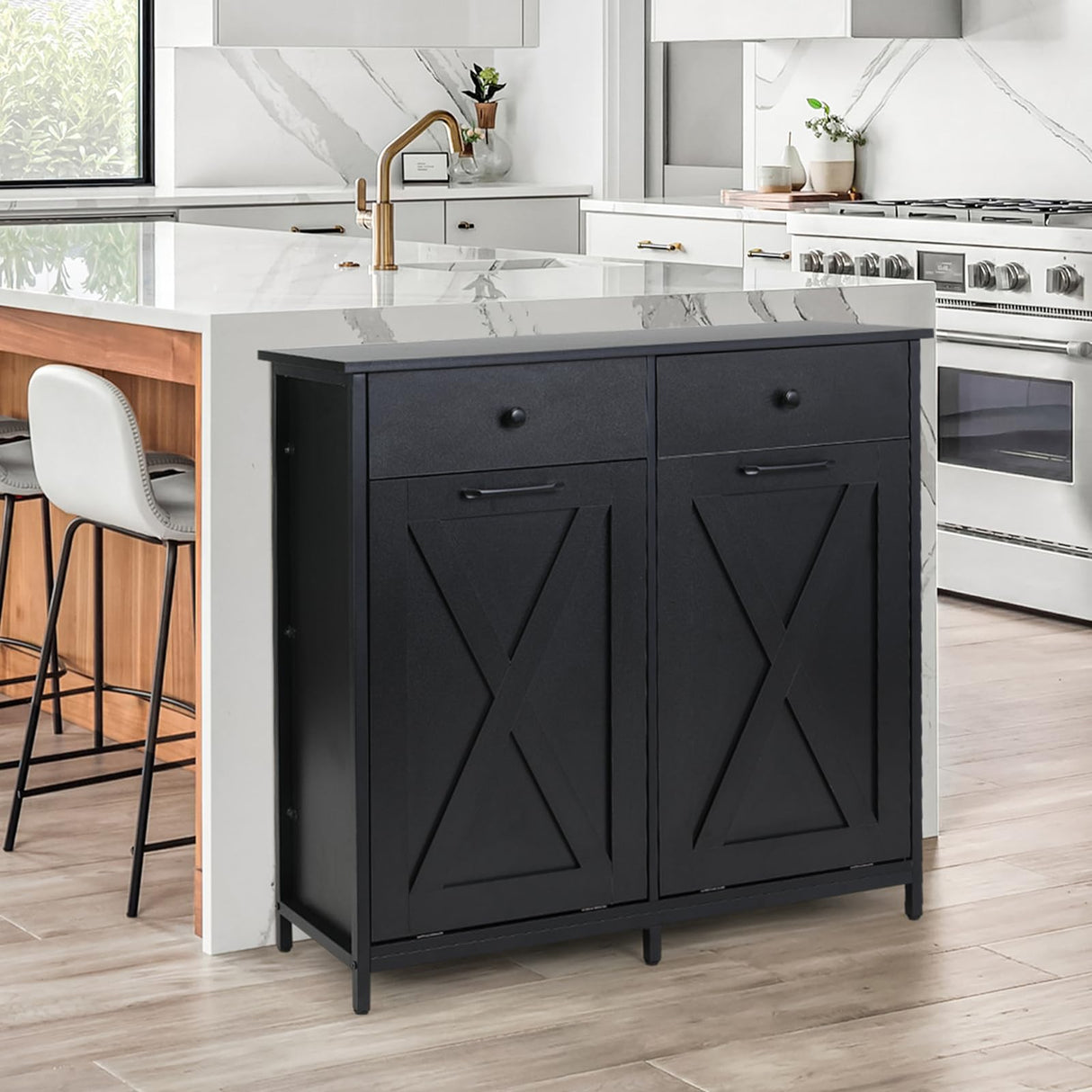 Arlopu Double Tilt Out Trash Cabinet, 20 Gallon Pet Proof Kitchen Pull Out Recycle Cabinet, Freestanding Wooden Laundry Sorter Cabinet, W/Drawer, Barn Door, for Home, Living Room, (Black) Arlopu