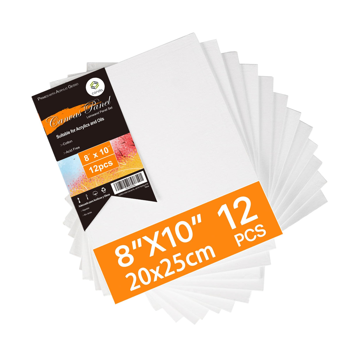 CONDA Canvas Boards for Painting, 8 x 10 inch, 12 Pack, 100% Cotton Canvas Panels, White Blank Canvases, Primed, Acid-Free, Artist Quality for Acrylic, Pouring Watercolor & Oil Painting conda