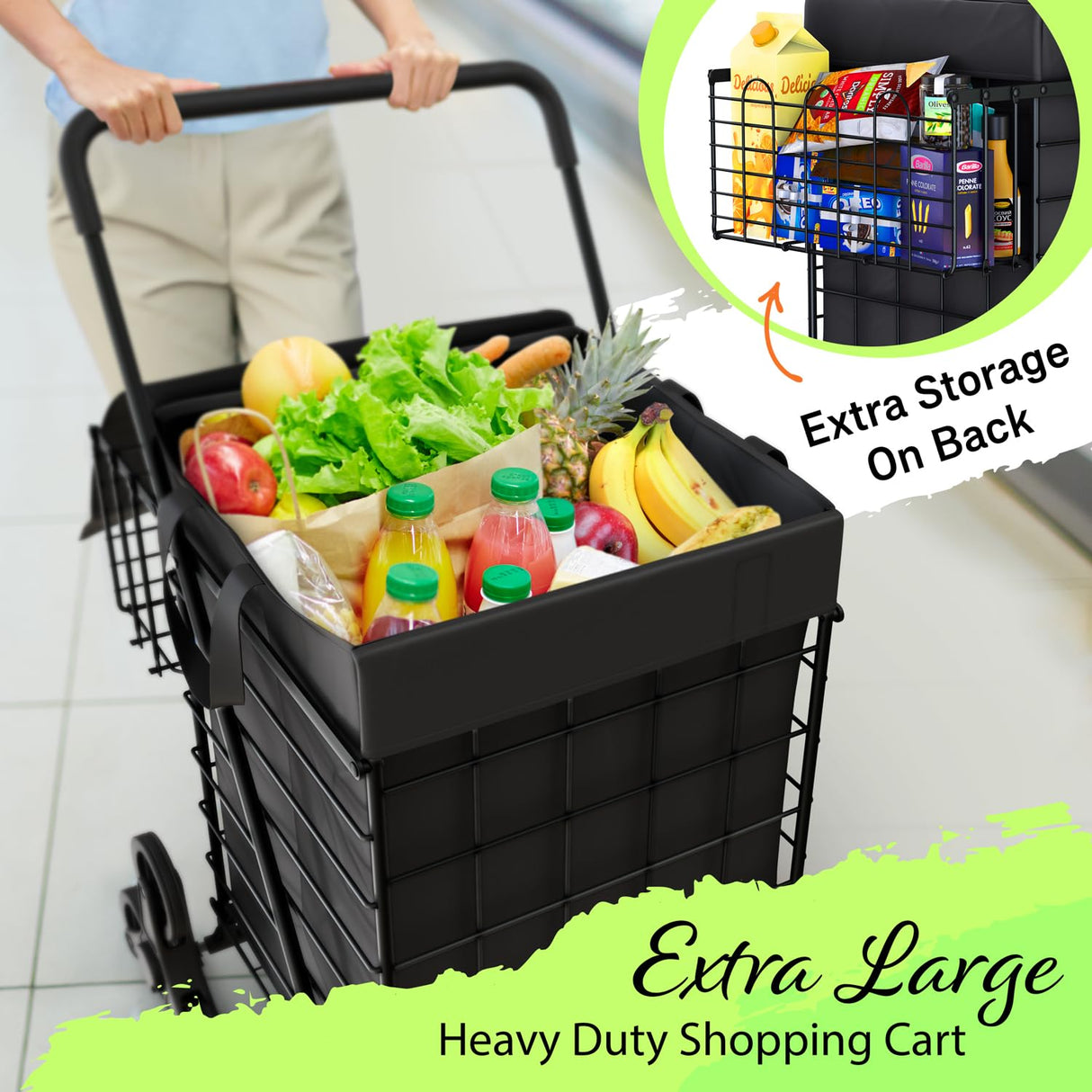 Our Modern Space Shopping Cart w/Waterproof Basket Liner & 360° Swivel Wheels | Foldable Collapsible & Lightweight | Perfect for Groceries Laundry Utility Cart - Black Our Modern Space