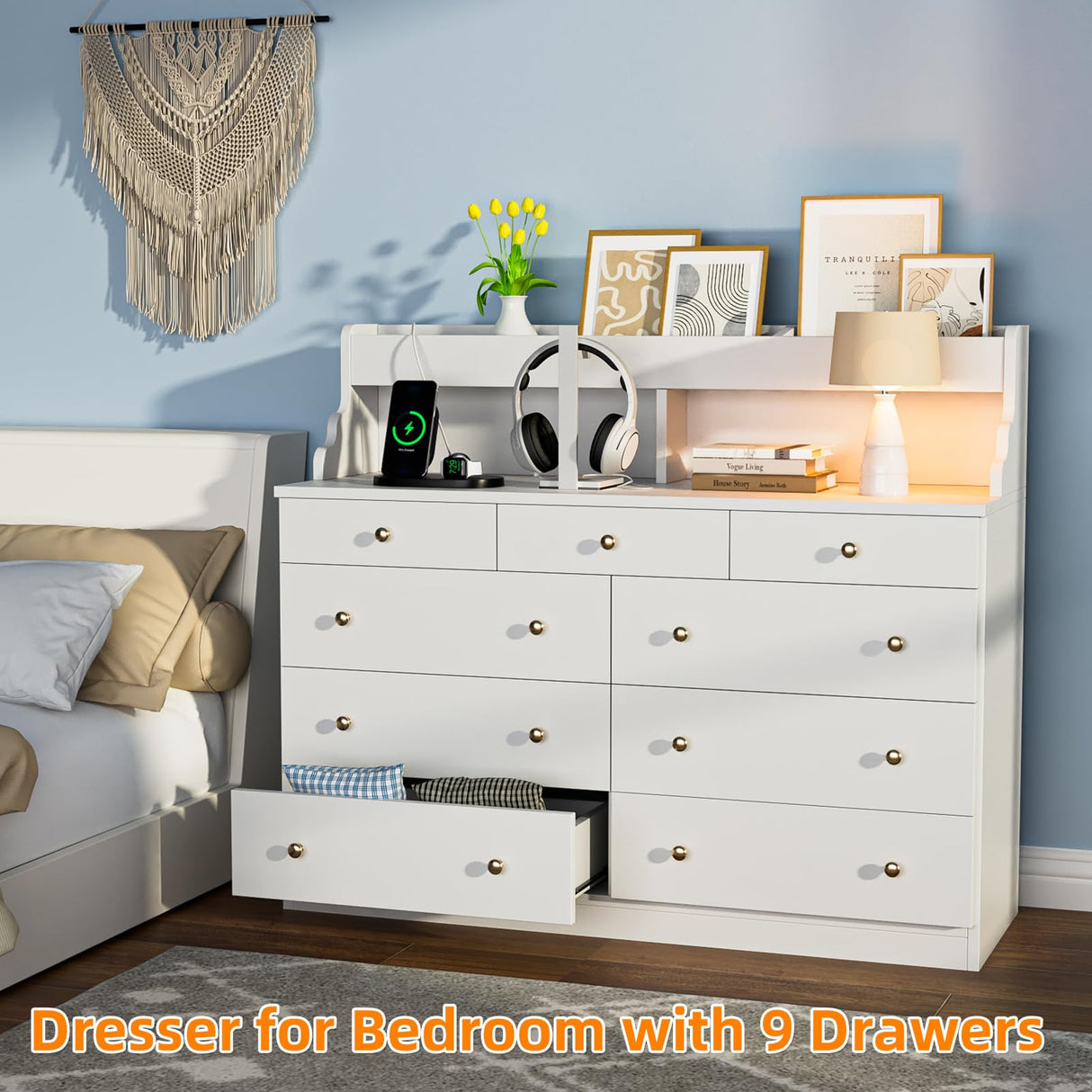 Yeyawomy 9 Drawers Dresser with LED Light, Dresser for Bedroom with Power Outlet, Modern Chest of Drawers, Storage Dresser with Open Storage Space, Dressers & Chests of Drawers for Closet (White) Yeyawomy