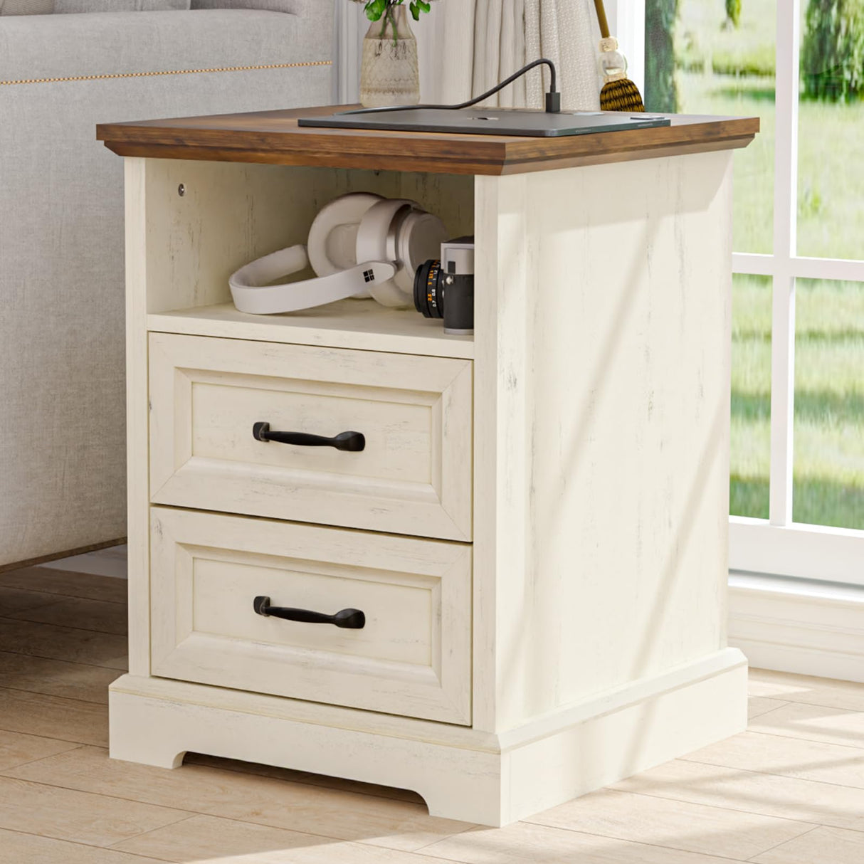 HOMMPA 18'' Farmhouse Nightstand with Charging Station, Bedside Tables with Storage, Bed Side End Table with Open Shelf, 2 Drawers Wood Night Stand Dresser for Bedroom, Living Room, Rustic White HOMMPA