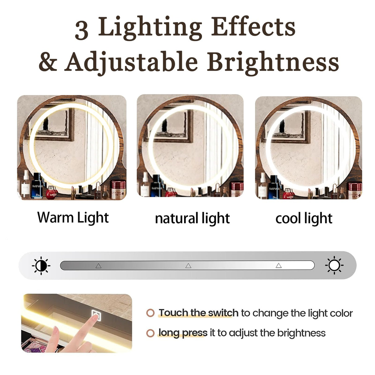 EOQIFJM Small Vanity Desk Set with Mirror and Lights, Makup Table with Chargin & 4 Storage Drawers,Station for Compact Space Bedroom (Brown) EOQIFJM