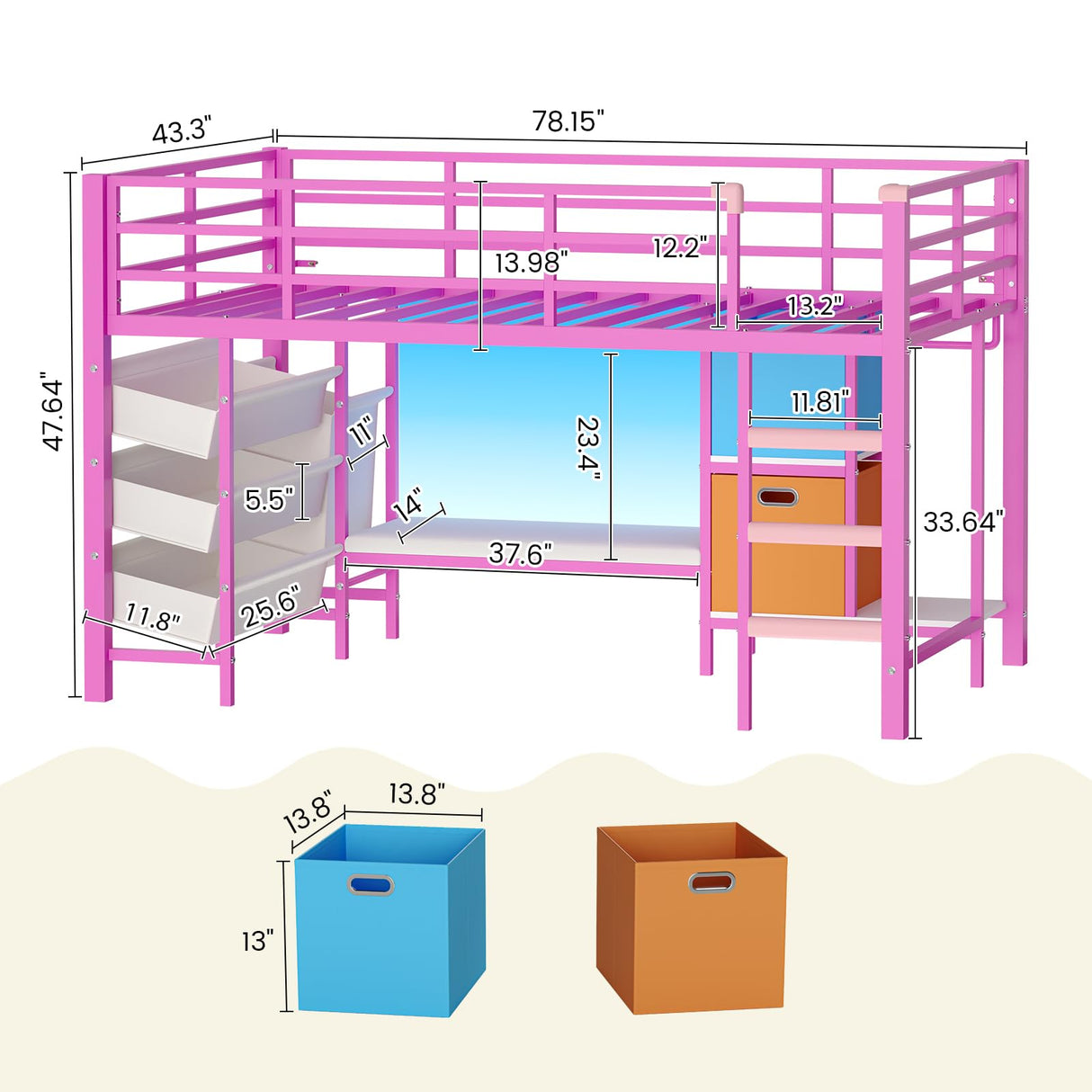 DICTAC Low Twin Size Loft Bed with Reading Corner and Bookshelf,Metal Twin Loft Bed with LED Lights,3 Sling Drawers&2 Movable Storage Bins,loft bed for Kids with 13.98"H Safety Guardrail & Stairs,Pink DICTAC