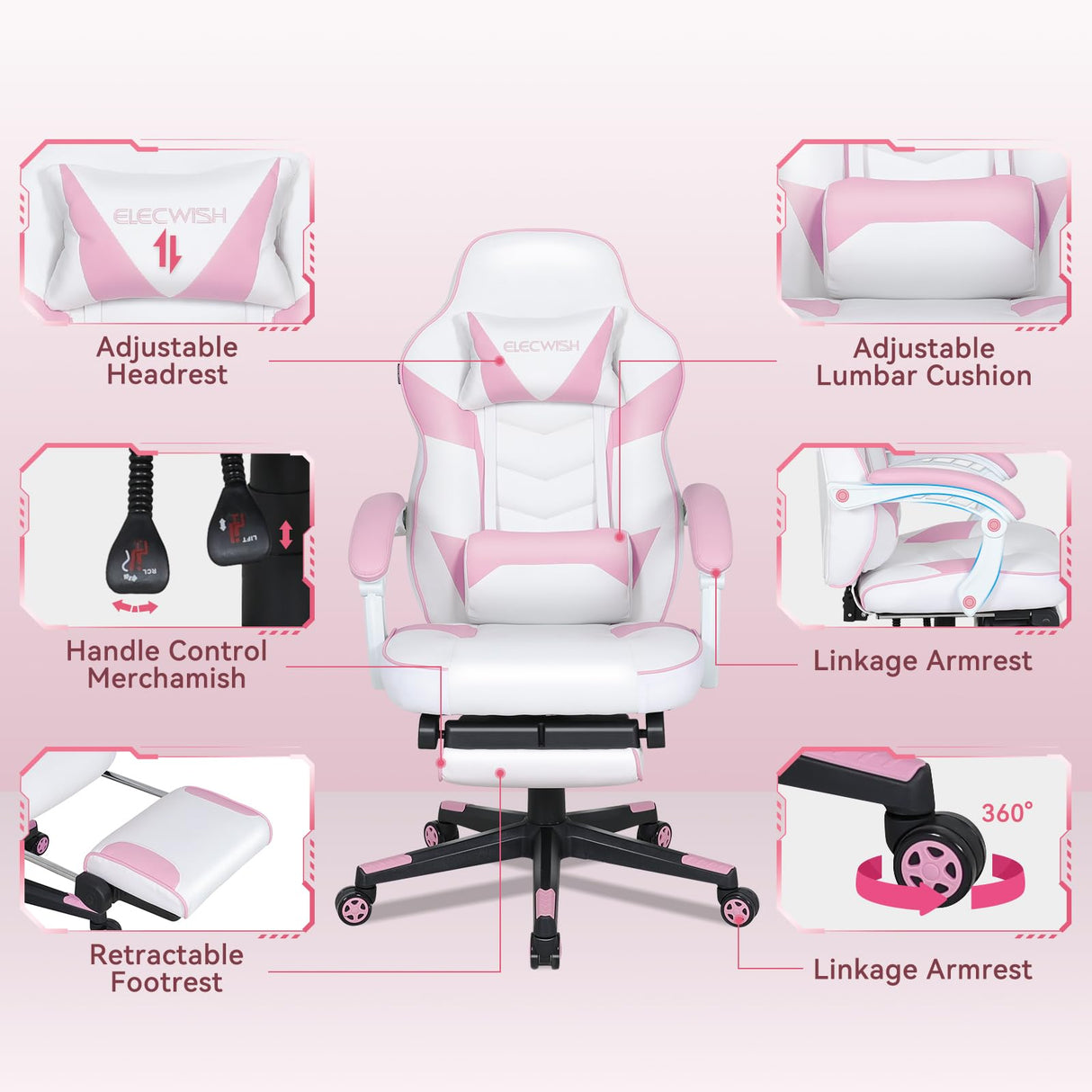 ELECWISH Pink Cute Kawaii Gaming Chair for Girl Ergonomic Desk Racing Office Adjustable High Back Game Swivel Leather Chair with Lumbar Support and Headrest, Pink ELECWISH