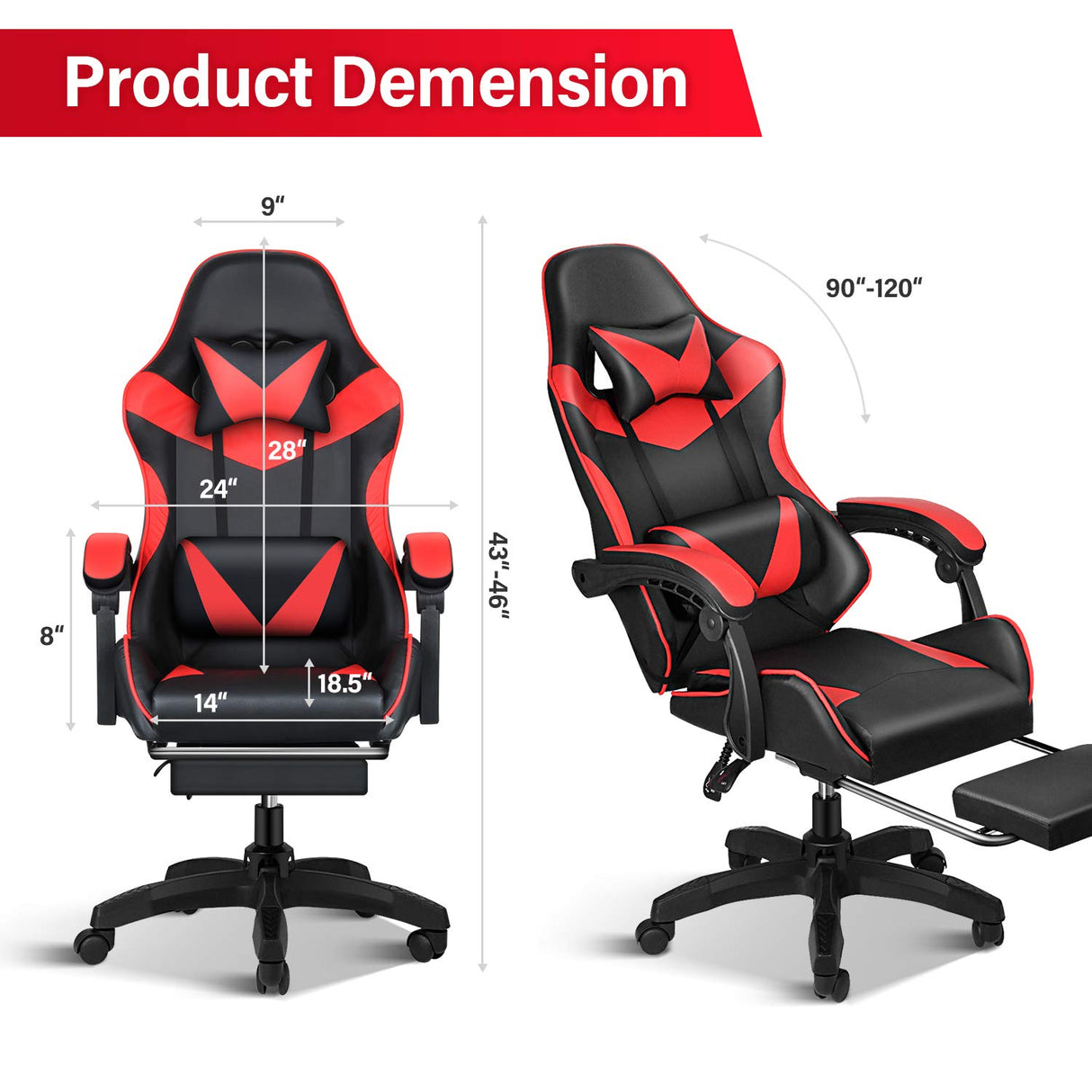 Gaming Chair, Backrest and Seat Height Adjustable Swivel Recliner Racing Office Computer Ergonomic Video Game Chair with Footrest and Lumbar Support, Red/Black YSSOA