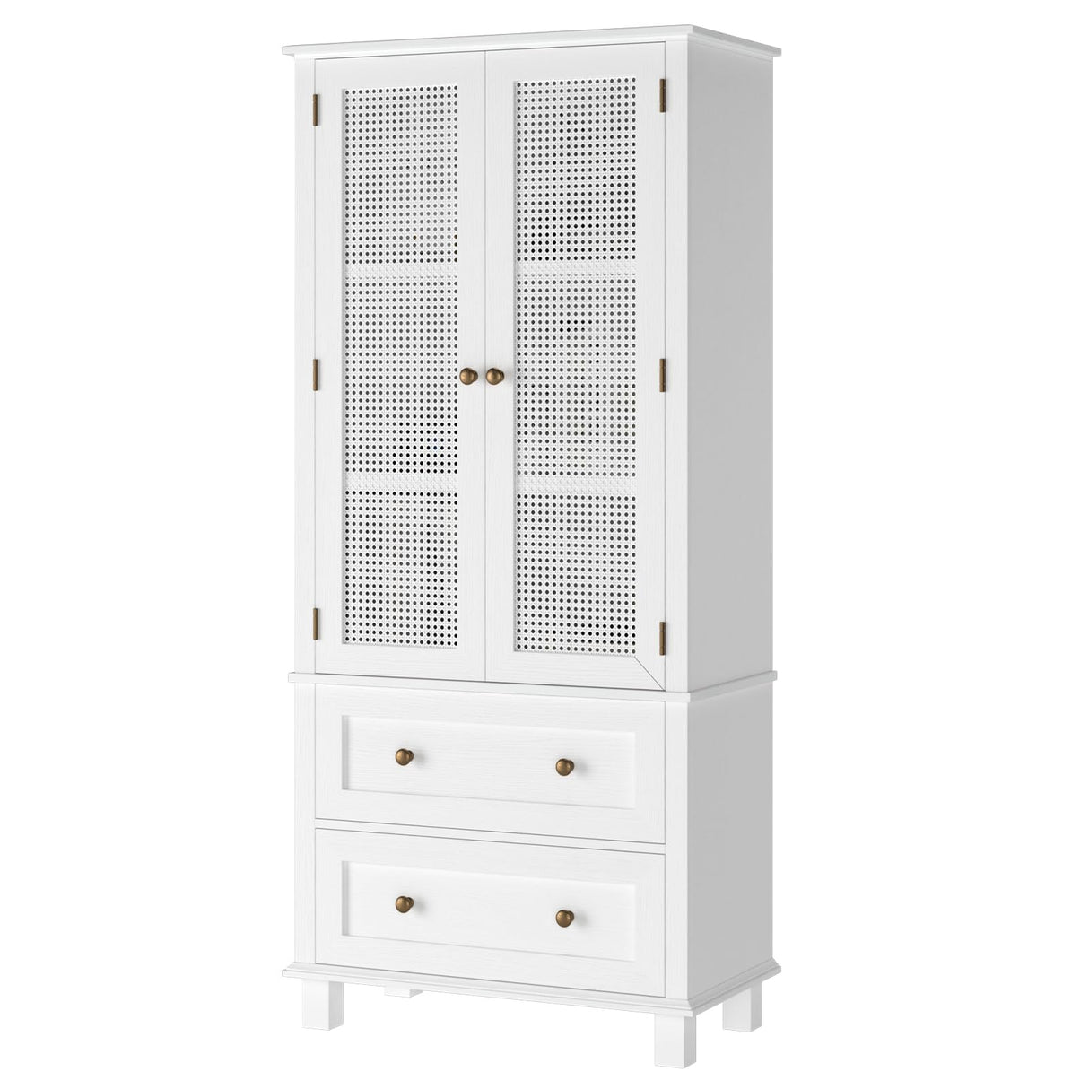 FOTOSOK Kitchen Pantry Storage Cabinet, Tall Cabinet with Rattan Doors and 2 Drawers, Freestanding Cupboard with Adjustable Shelves, Utility Pantry for Kitchen, Dining Room,White FOTOSOK