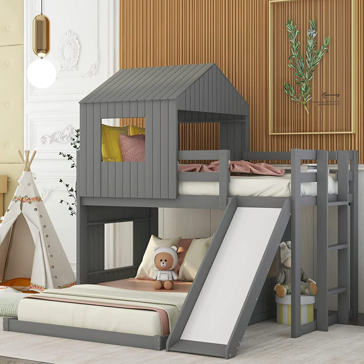Harper & Bright Designs Grey Twin Over Full House Bunk Bed with Slide, Ladder, and Guardrails Harper & Bright Designs
