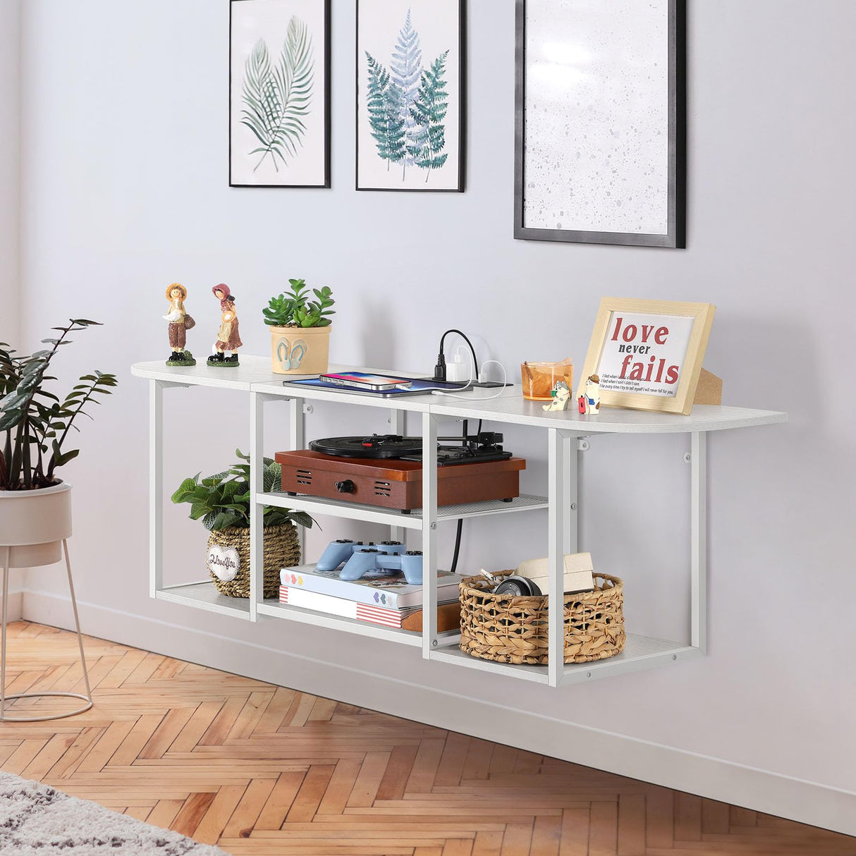 BTY Floating TV Stand with Power Outlet Wall Mounted Entertainment Center for Under TV Storage, White TV Console for 50 Inch TV, for Living Room, Bedroom BTY