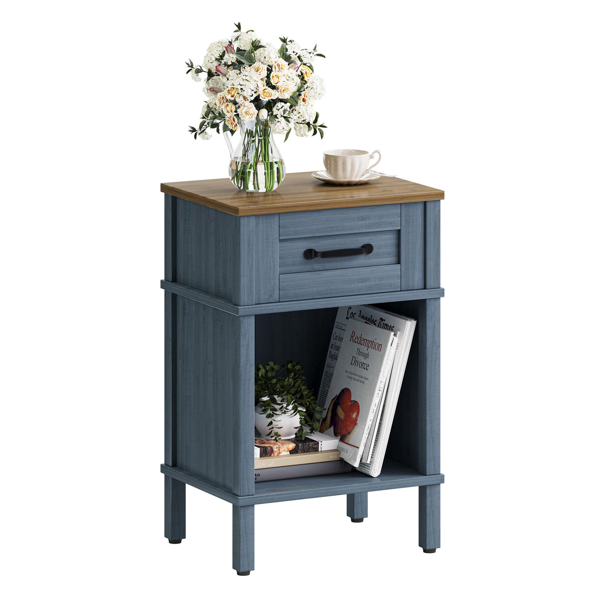 Farmhouse Nightstand with Drawer, Wood Bedside Table with Open Shelf, Modern Bedside Cabinet for Bedroom, Small End Table, Side Tables with Storage Shelf for Bedroom Blue LET512LR YAUKTAK