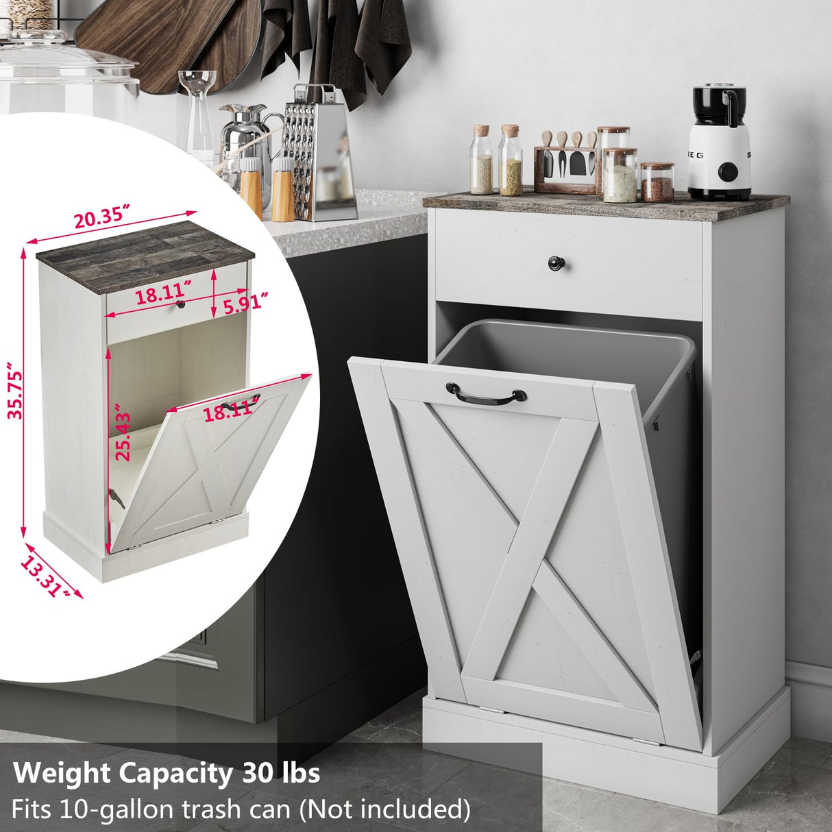 Bocarali Tilt Out Trash Cabinet, 10 Gallon Wood Free Standing Laundry Sorter Trash Can with Drawer, Kitchen Garbage Can Recycling Bin Cabinet for Living Room Bathroom, White Bocarali