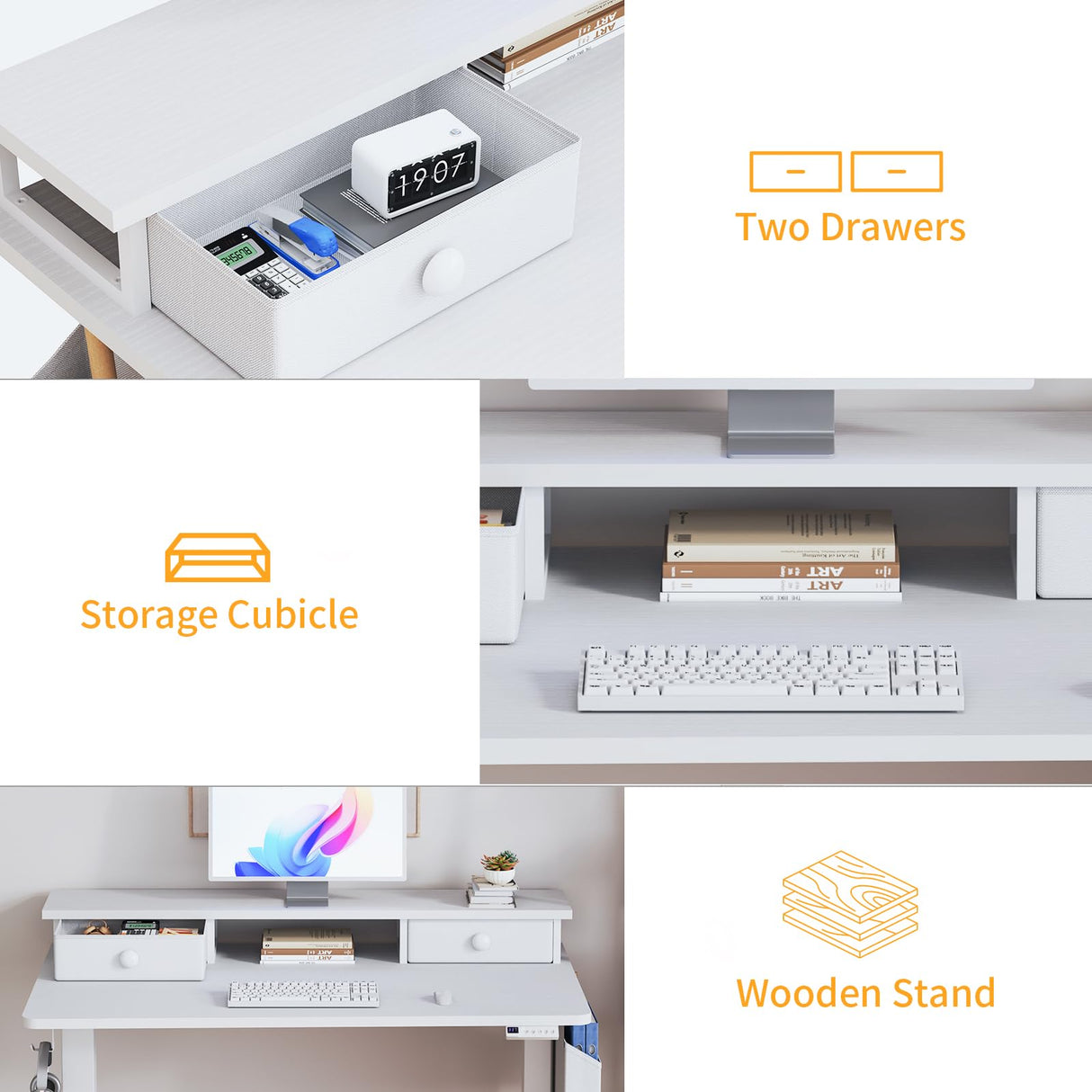 White Electric Standing Desk with Drawers - 40 Inch Small Standing Desk with Shelf Monitor Stand Storage Height Adjustable for Home Office, Study Writing Girls Computer Sit Stand Desks for Bedroom KLUVIS