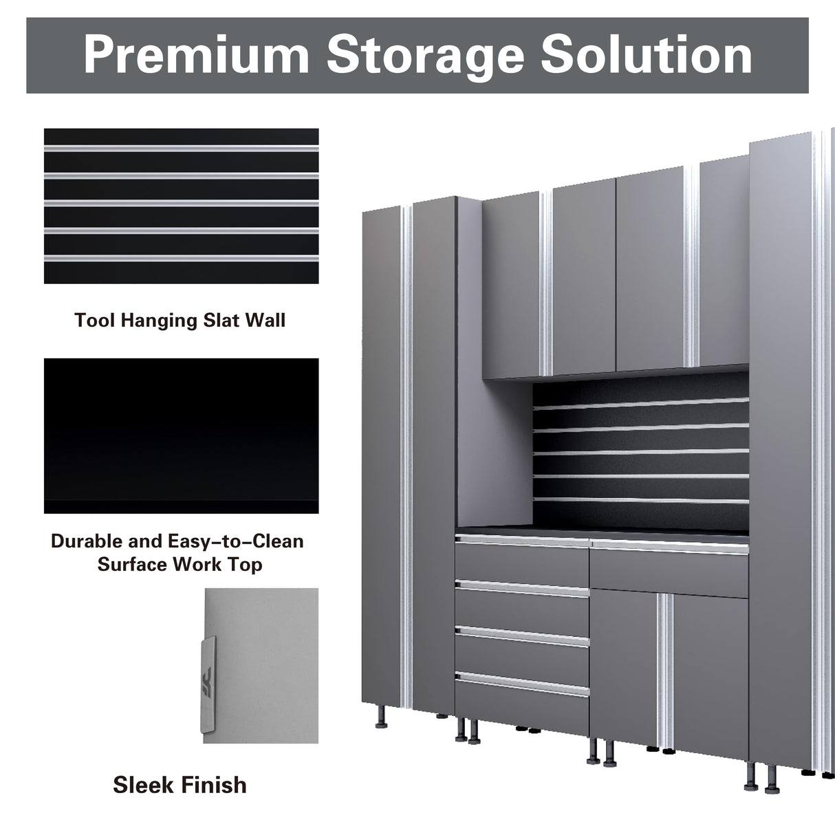Premium Garage Cabinets 9' Storage Sets Solution with Adjustable Legs, Soft-Close Drawer & Door, Integrated Handles, Heavy Duty Plywood Box Construction, Tool and Equipment Organizer (Combo 9CS-012B) DOWNFORCE GARAGE CABINETS