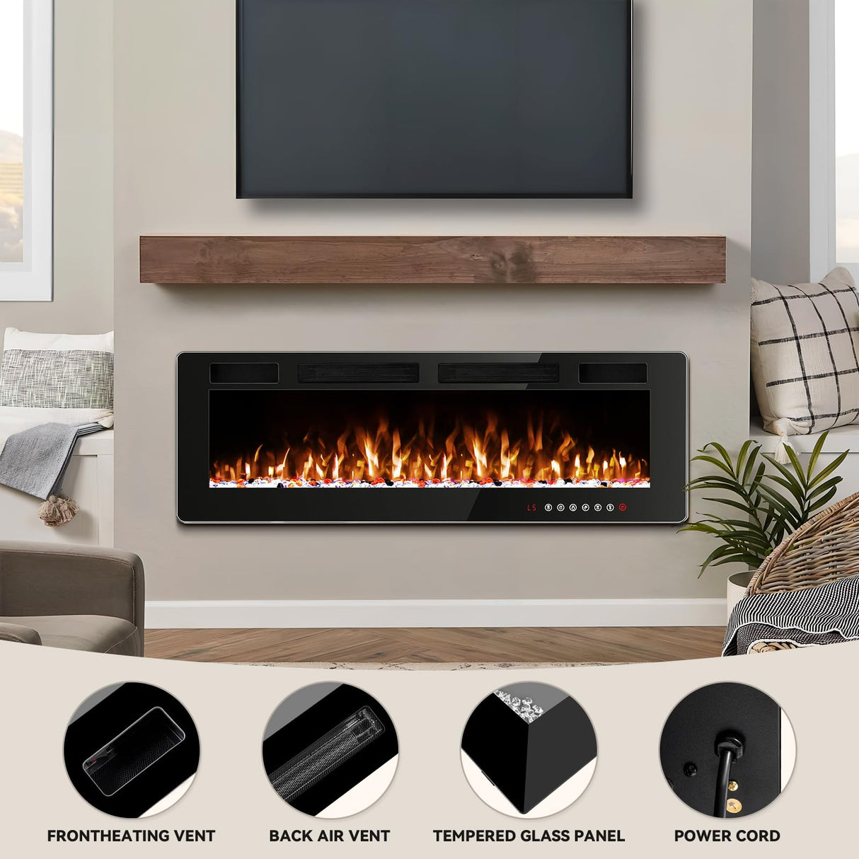 Tornivk 50 Inch Electric Fireplace Inserts Ultra-Thin Freestanding 750/1500W Electric Fireplace Heater Wall Mounted or Recessed Fireplace Electric with Adjustable Multicolor Flame,Timer Tornivk