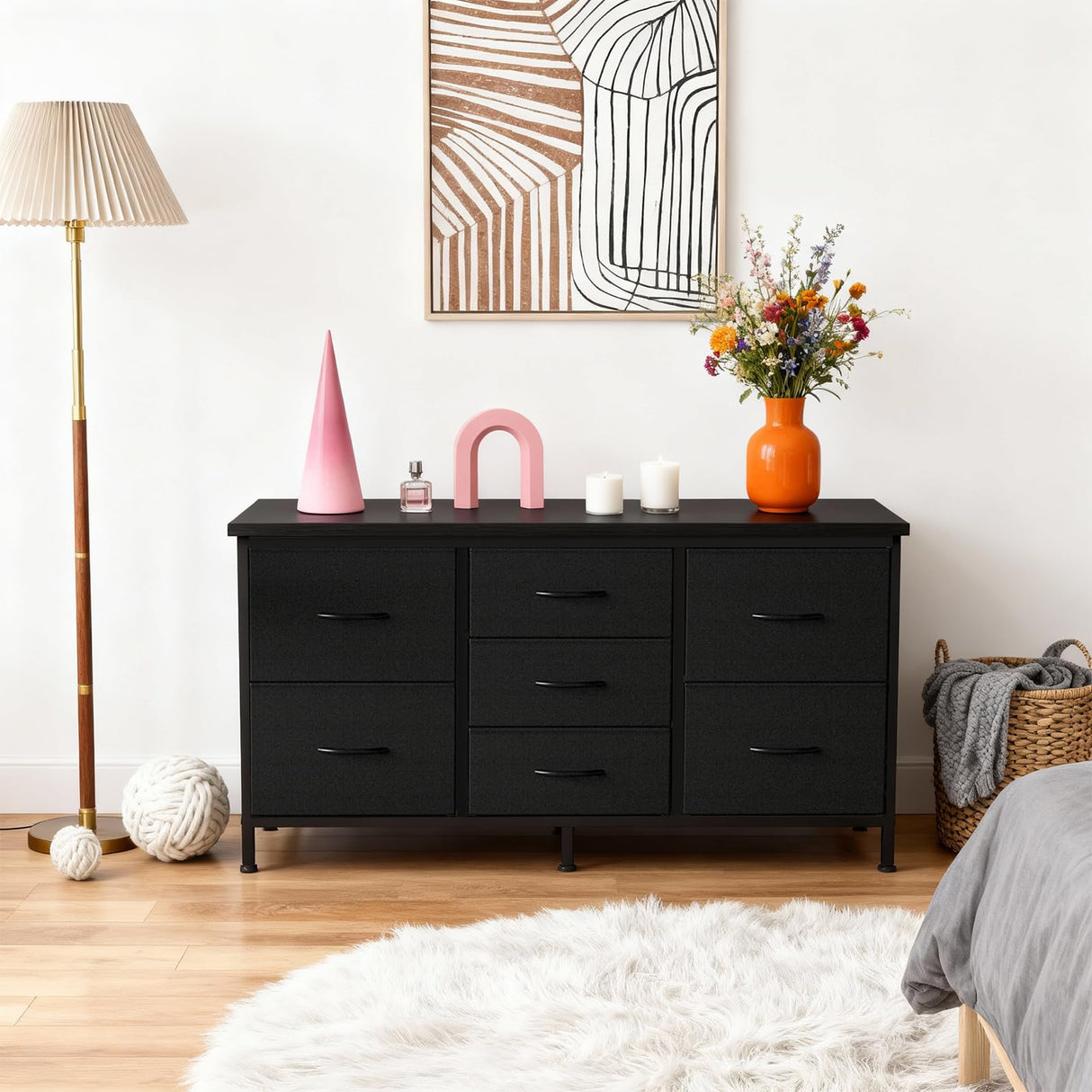 DUMOS TV Stand 7 Drawer Dresser for Bedroom with Storage TV Stands for Living Room Black, Farmhouse Entertainment Center Media Console Table with Metal Frame Adjustable Feet DUMOS