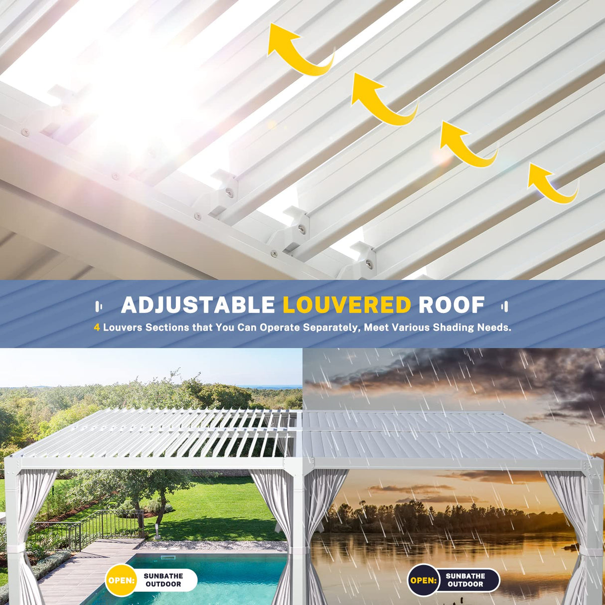 MELLCOM Louvered Pergola 12x20, Aluminum Pergola with Adjustable Louvered Roof, Outdoor Pergola with Waterproof Curtains and Nets, White MELLCOM