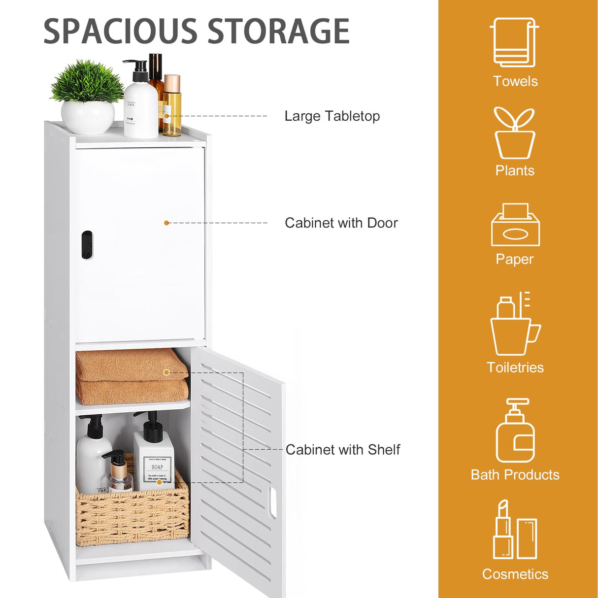 YARUKIMA Bathroom Floor Storage Cabinet,Side Storage Organizer,Bathroom Unit with Door and Shelves,Freestanding Cabinet for Hallway/Living Room, White YARUKIMA