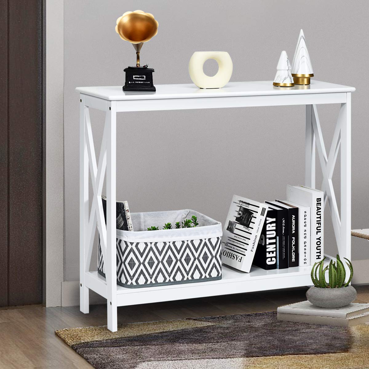 Giantex Console Table 2-Tier with Storage Shelf,X-Design Bookshelf Narrow Accent Table for Entryway Hallway Living Room Sofa Side Table (White) Giantex