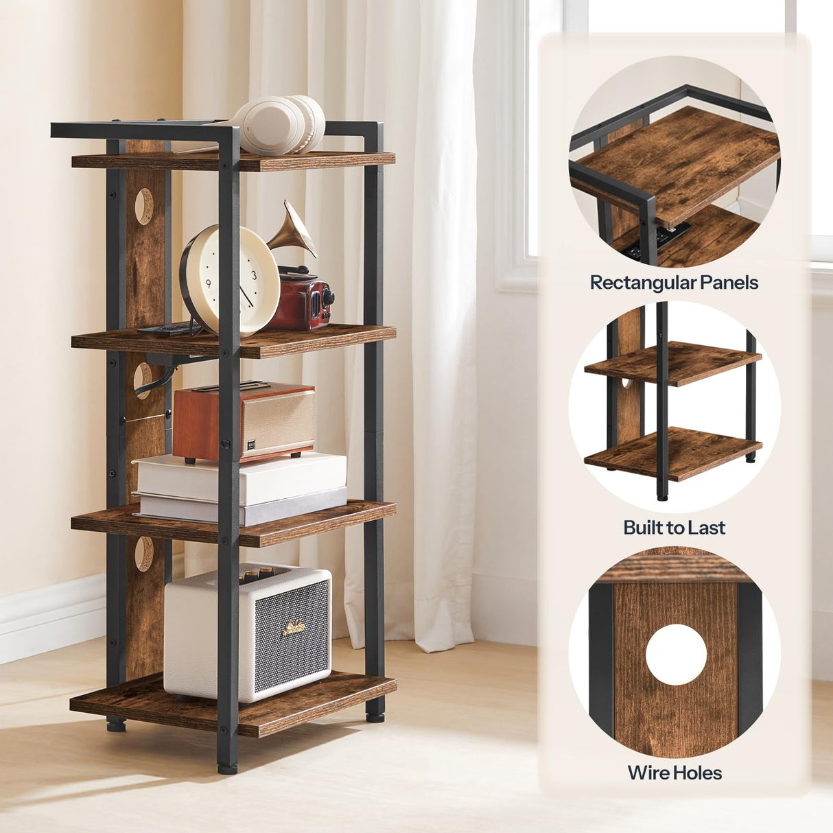 HOOBRO 4-Tier AV Media Stand, Media Console with Charging Station and LED Light Strip, Entertainment Device Stand, Game Console, Record Player, Media Accessories, Rustic Brown and Black BF38UDCJ01 HOOBRO