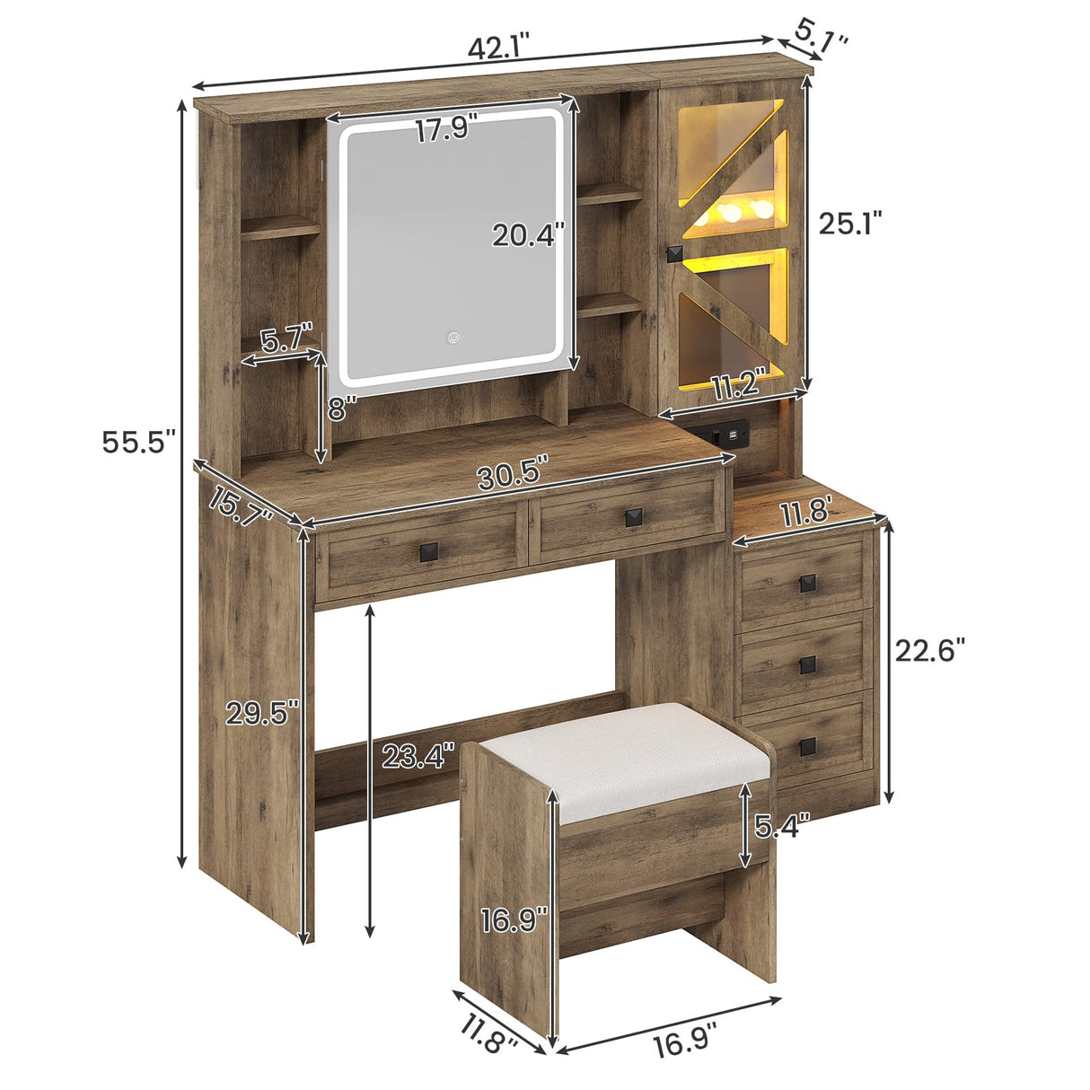 AOGLLATI Farmhouse Vanity Desk with Mirror and Lights, Makeup Vanity Set with Lights & Jewelry Cabinet & 5 Drawers, Vanity Table with Charging Station, Hidden Storage Space for Bedroom, Brown AOGLLATI