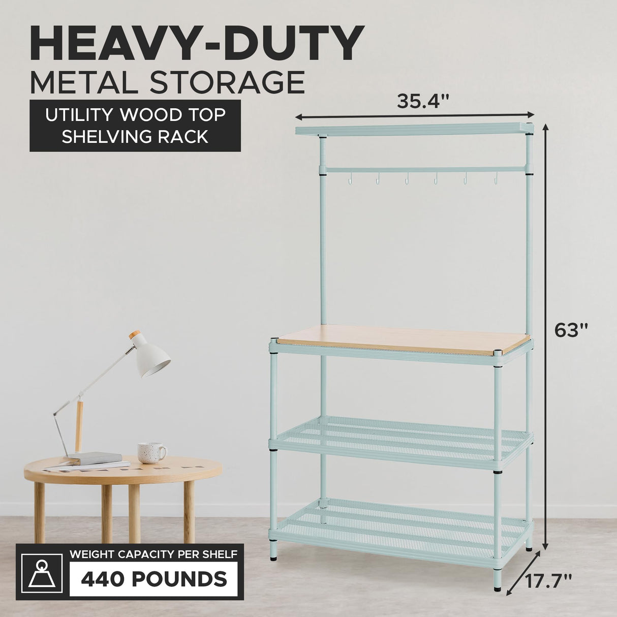 Design Ideas MeshWorks Metal Storage Utility Wood Top Shelving Unit Rack for Garage and Kitchen Storage, 35.4” x 17.7” x 63”, Sage Green Design Ideas