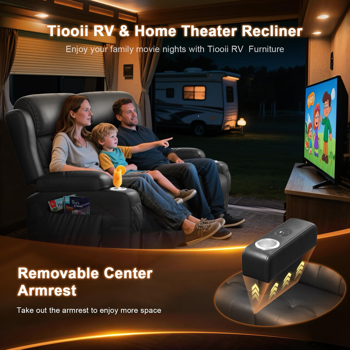 RV Loveseat Recliner Sofa, Oversized Massage Wall Hugger Recliners with Insert Pockets, Cup Holders, Reclining Couch, 150° Adjustable Recline & Padded Armrests, for RV Furniture (Black, Loveseat) Tiooii