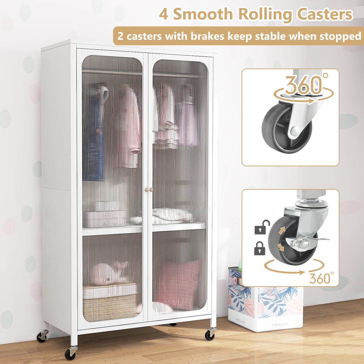 Giantex Closet Wardrobe, Portable Closet with Rollers, Mobile Metal Armoire Closet with Hanging Rod, Adjustable Shelf, Rolling Closet Storage Accent Cabinet, Armoire Clothes Organizer for Bedroom Giantex