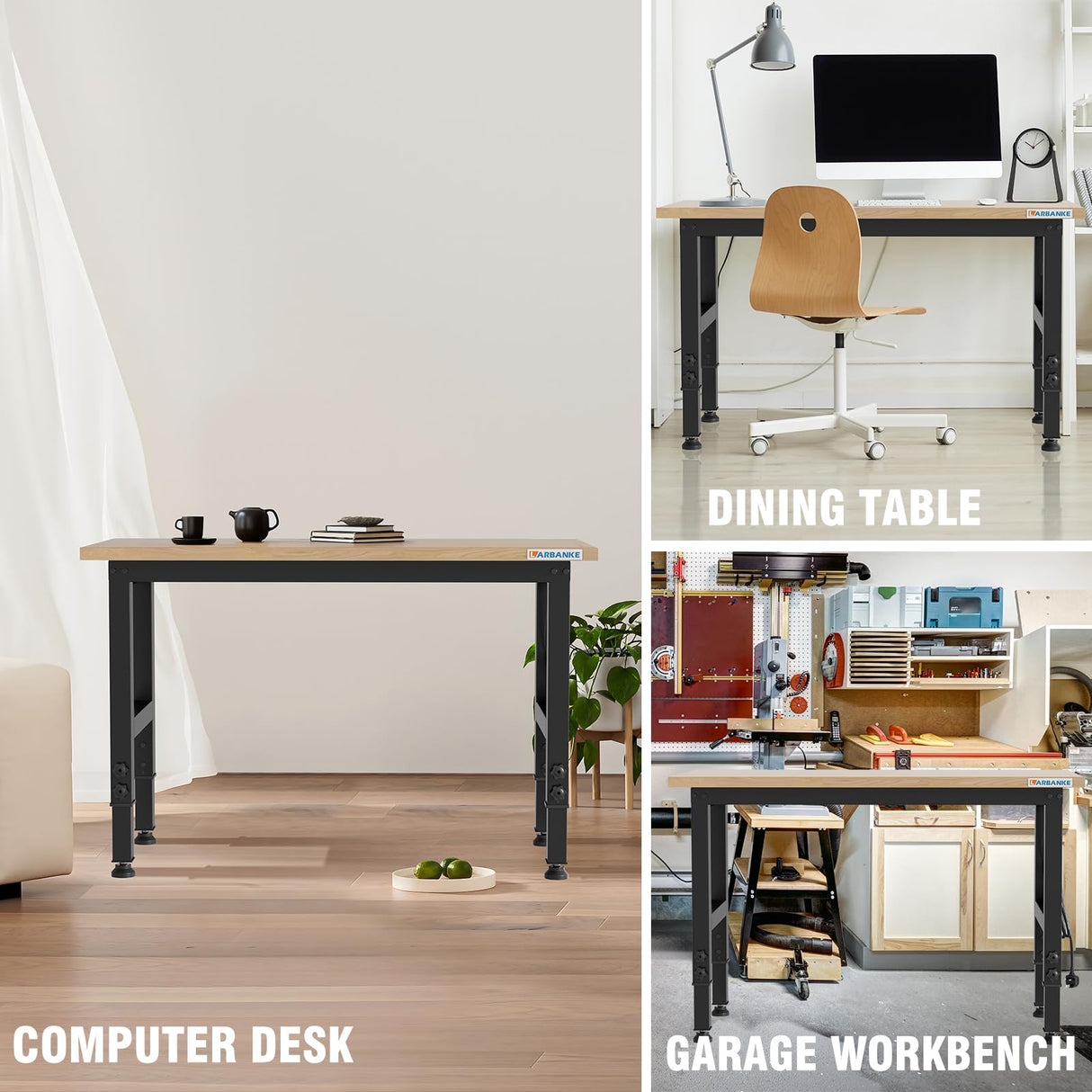 LARBANKE 48" Adjustable Workbench,Weight Capacity to 2000 LBS Heavy Duty Rubberwood Worktable,with 5 Adjustable Heights,Workbench with Scales,Power Panel,Suitable for Workshops,Offices and Homes LARBANKE