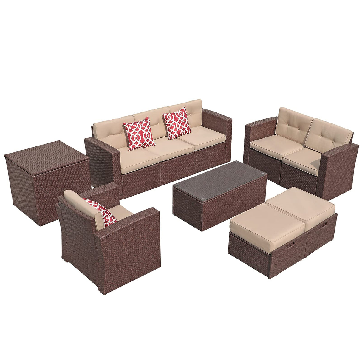 Super Patio 10 Piece Patio Furniture Set with Storage Box and Ottomans, Rattan Outdoor Conversation Set with Tempered Glass Coffee Table, Outdoor Sectional Sofa for Garden, Backyard, Deck, Brown Super Patio
