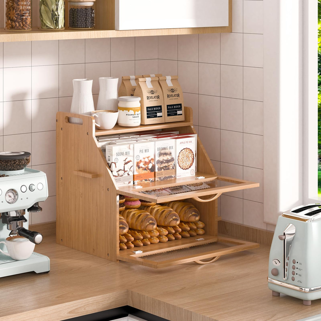 Bread Box, Bread Box for Kitchen Countertop, Large Bread Storage Container for Homemade Bread, Wooden Farmhouse Breadbox Organizers, Double Layer Bread Bin with Acrylic Window Bread Holder,Brown TQQDCI