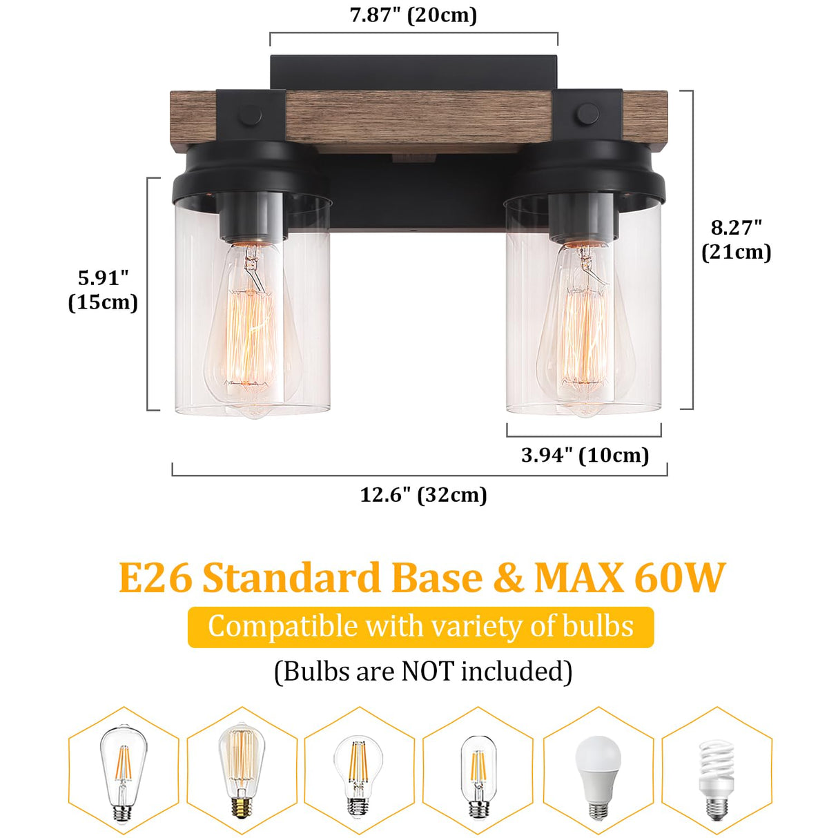 Farmhouse Wood Vanity Light, 2-Lights Bathroom Vanity Light, Rustic Black Bathroom Lighting Fixtures Over Mirror, Vintage Industrial Wall Sconces with Durable Glass Shade ZSMIHDOH