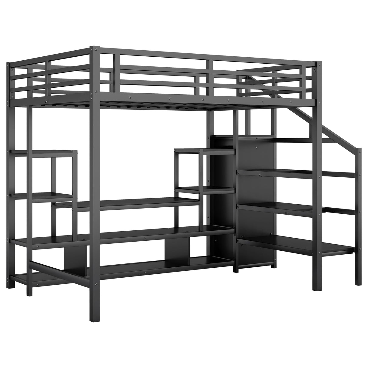 Full Size Loft Bed with LED Light & TV Table, Adults Loft Beds with Charging Station & Storage Bookcase, Wardrobe, Heavy-Duty Metal Lofts Frame with Stairs for Kids, Teens & Youth Dorms, Black Mirightone
