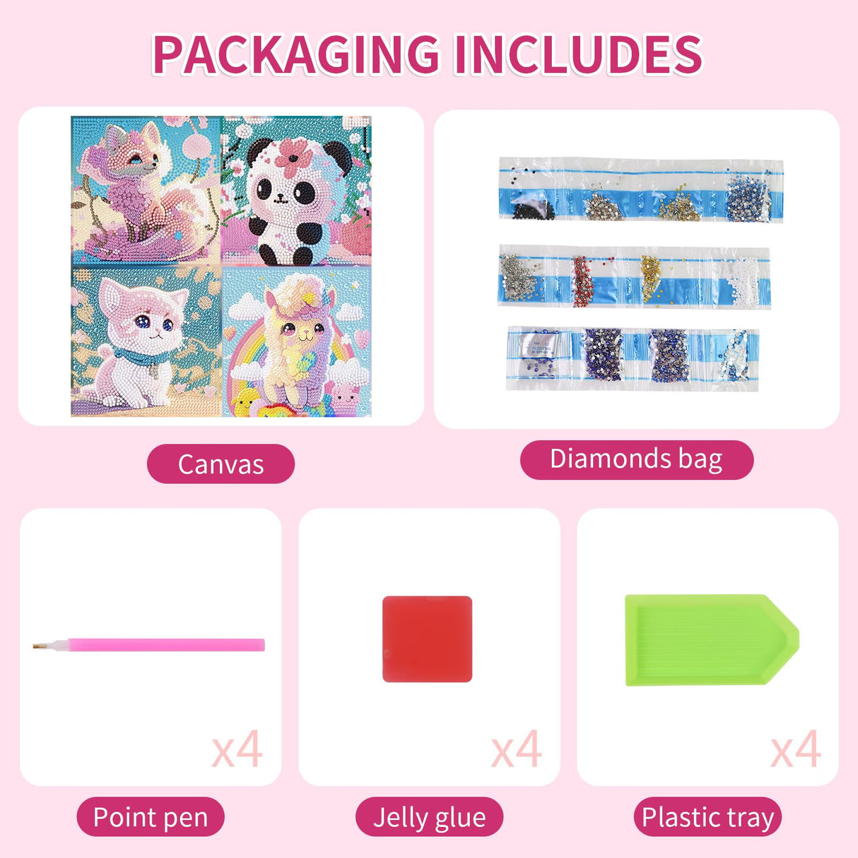 PERFECTSIGHT Cute 5D Diamond Art Kits, Kawaii DIY Painting Art for Adults Teen, 4 Pack Diamond Arts and Crafts Sets, Big Gem Full Drill Diamond Dots for Women (Panda+Kitty+Alpaca+Fox) PERFECTSIGHT