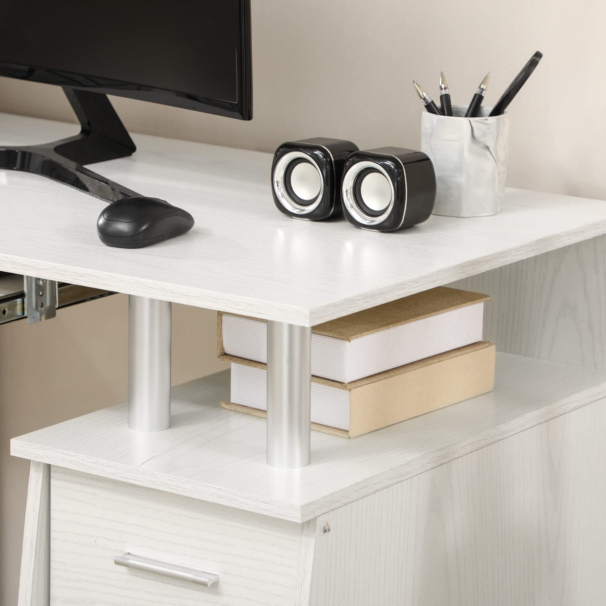 HOMCOM 47" Computer Desk with Keyboard Tray and Storage Drawers, Home Office Workstation Table with Storage Shelves, White Wood Grain HOMCOM
