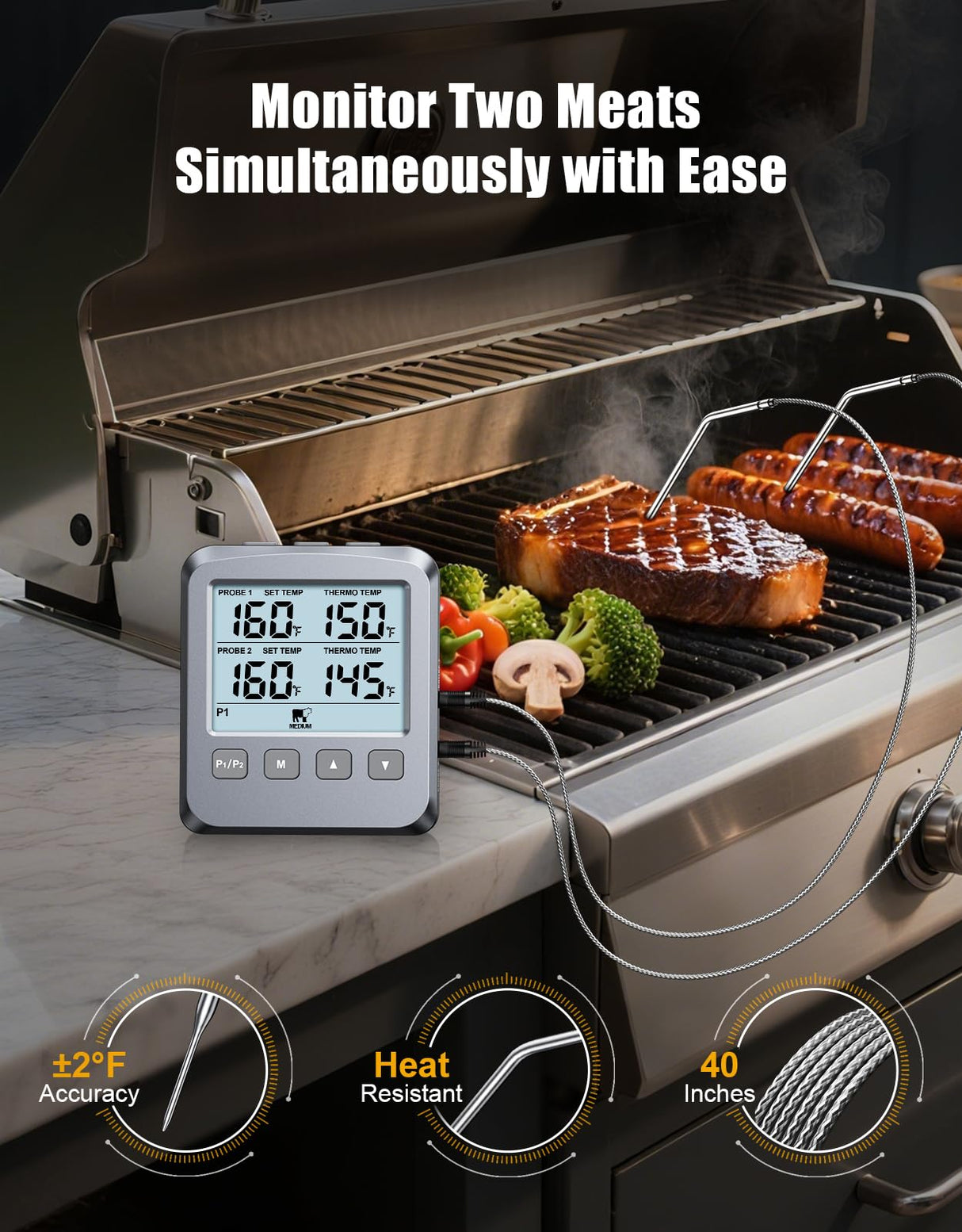 Vuwwey Dual Probe Meat Thermometer Digital for Cooking, Grilling & Smoking with Large LCD Backlight & Alarm, Kitchen Food Grill Thermometer, Smoker Accessories for BBQ, Oven, Oil Fry, Gifts for Men Vuwwey