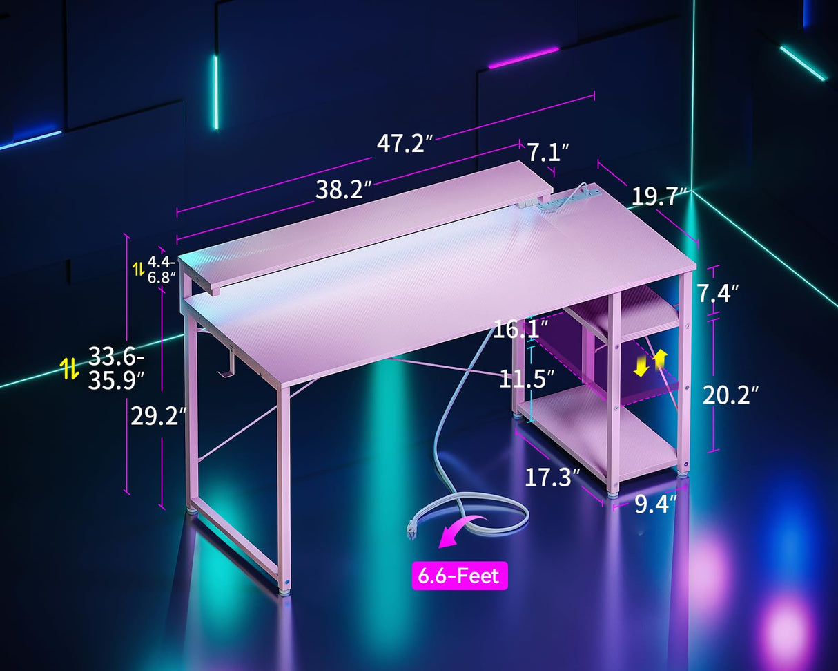 MOTPK Pink Gaming Desk with Led Lights & Power Outlet, 47 Inch Gaming Computer Desk with Shelves, Reversible Gamer Desk Table with Adjustable Monitor Stand & Headphone Hook, Carbon Fiber Texture MOTPK