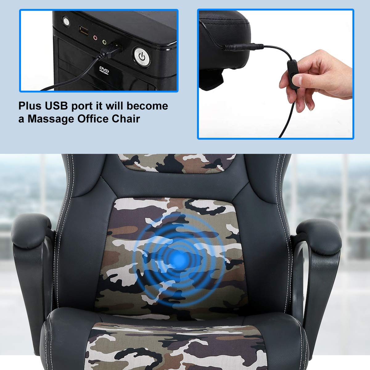 Gaming Chair Computer Chair Office Chair Ergonomic High Back Massage PC Desk Chair with Lumbar Support & Padded Armrest Racing Style Cheap Adjustable Swivel Chair for Women Men Adult, Camo Dkeli