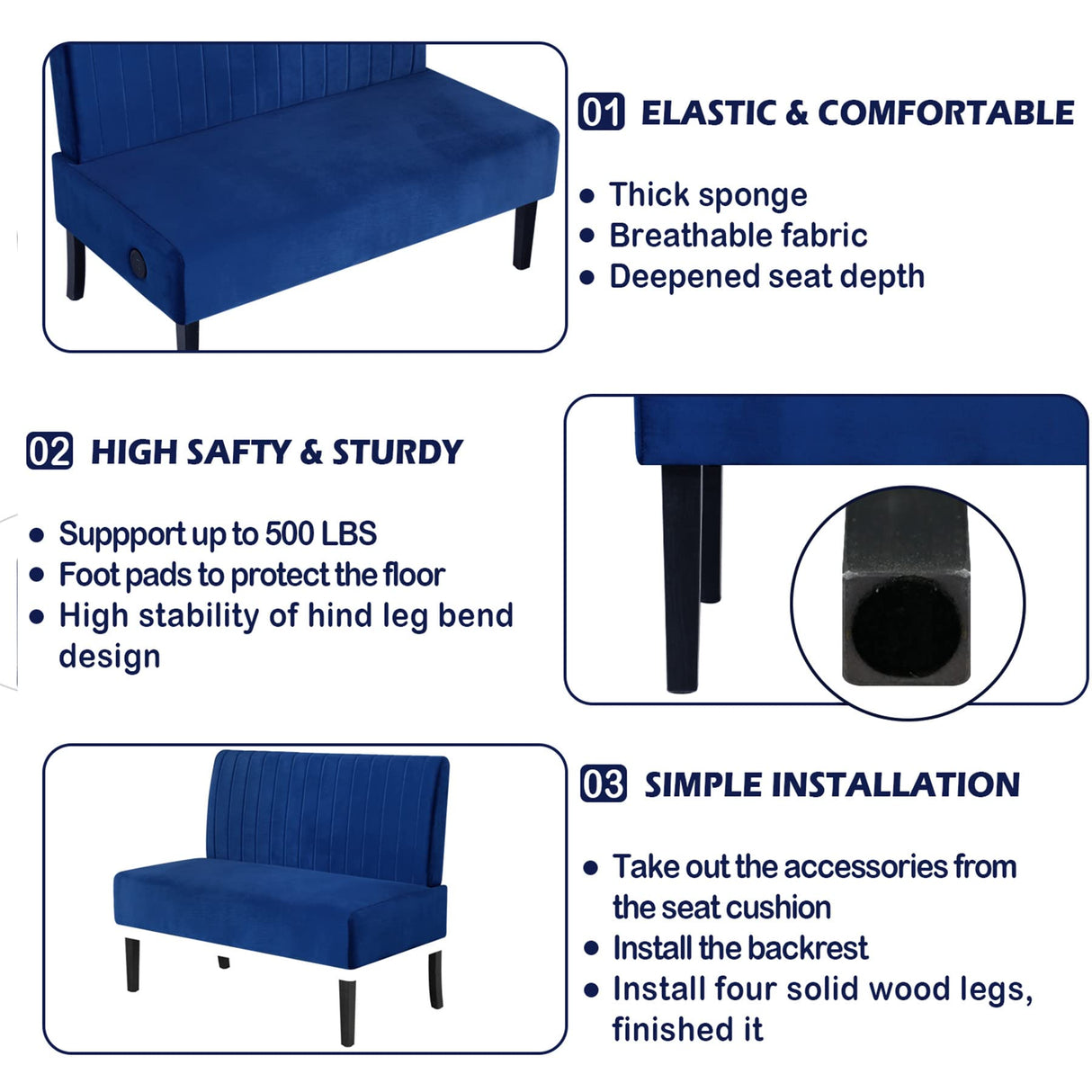 STHOUYN Mini Comfy Couch Armless Loveseat Sofa with USB Port, Velvet Couches for Small Spaces Living Room, Apartment Office Dorm (Navy Blue) STHOUYN
