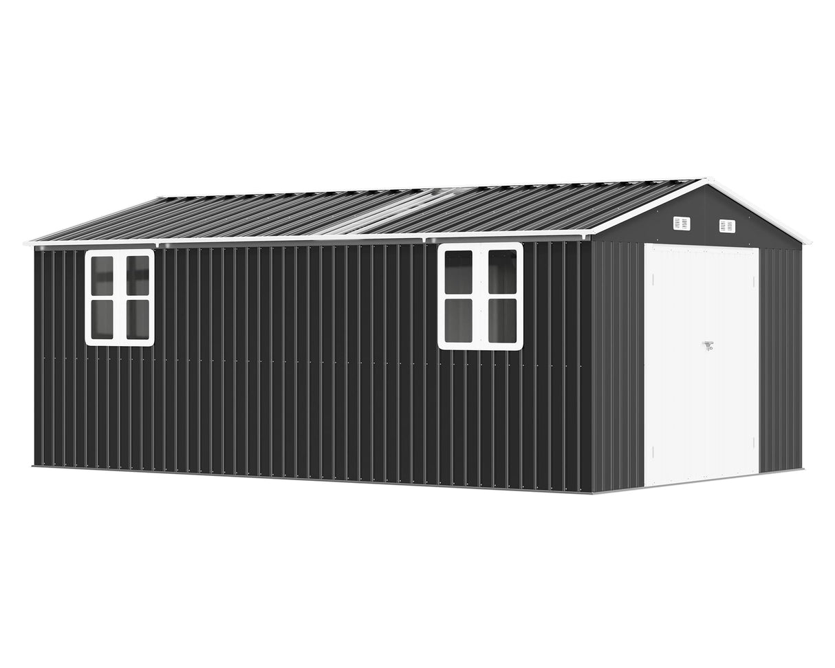 AMERLIFE 10x16x7.2 FT Metal Storage Shed with 2 Transparent Panels, Outdoor Tool Shed with Hinged Double Doors, Windows & Vents, Reinforced Steel Frame for Backyard Garden, DIY Workshop, Dark Gray AMERLIFE