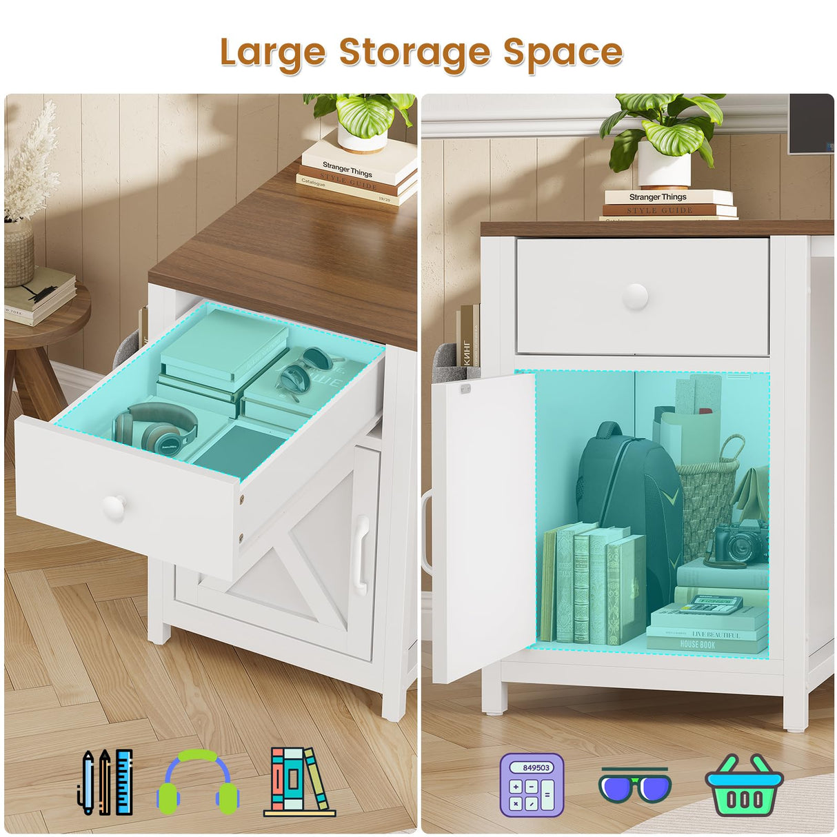 SEDETA 63" L Shaped Desk, Convertible Corner Office Desk with Drawer, Farmhouse Computer Desk with Power Strip & Storage Cabinet for Home Office, Brown & White SEDETA