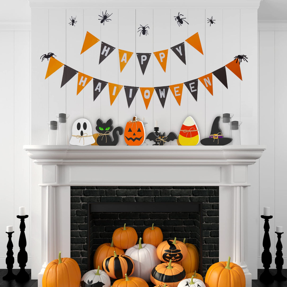6PCS Halloween Wooden Decor - Halloween Wooden Signs Include Pumpkin Ghost Bat Black Cat Witch Hat Candy Corn Freestanding Table Signs, Halloween Tiered Tray Decor for Rustic Farmhouse Home Mantle Lairyan